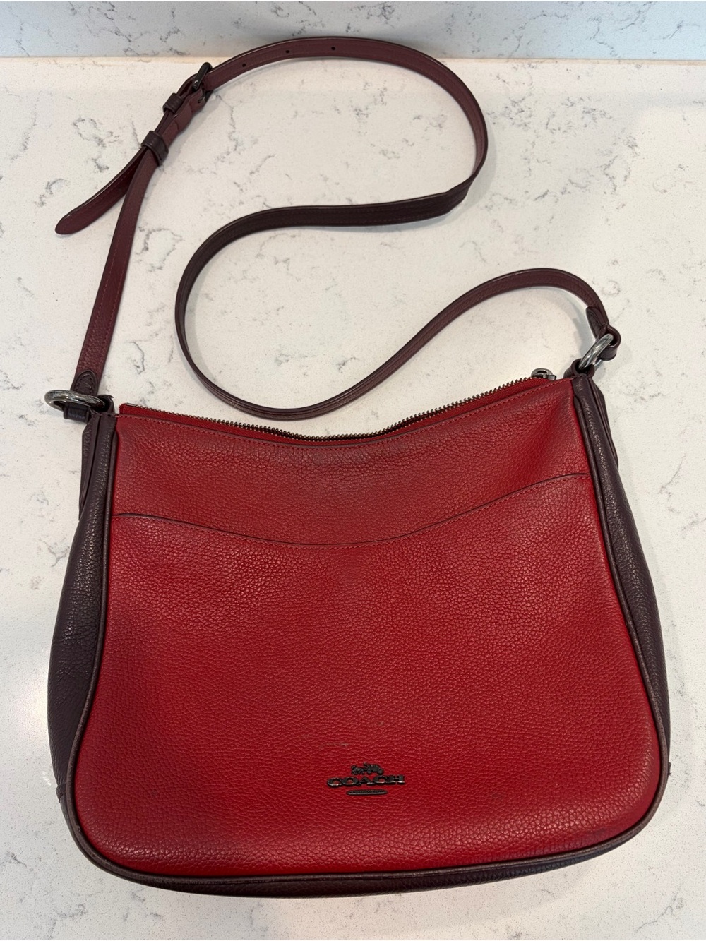 Coach Two-Tone Red and Dark Brown Pebbled Leather Crossbody